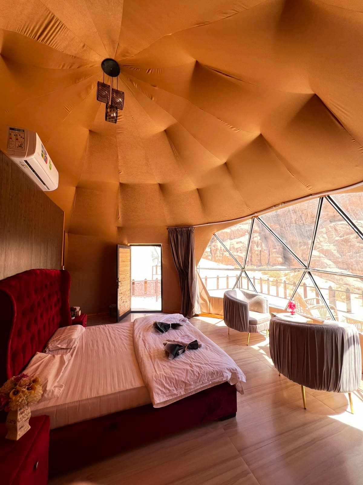 Romantic panoramic dome tent with velvet bed and scenic mountain view